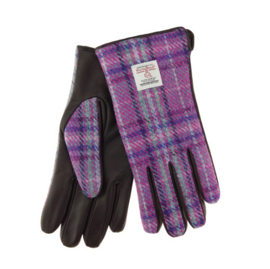 Ladies Brown Leather & Harris Tweed Gloves in Purple & Mint Check