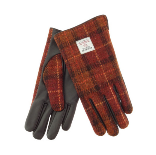 Ladies Brown Leather & Harris Tweed Gloves in Rust with Orange Overcheck