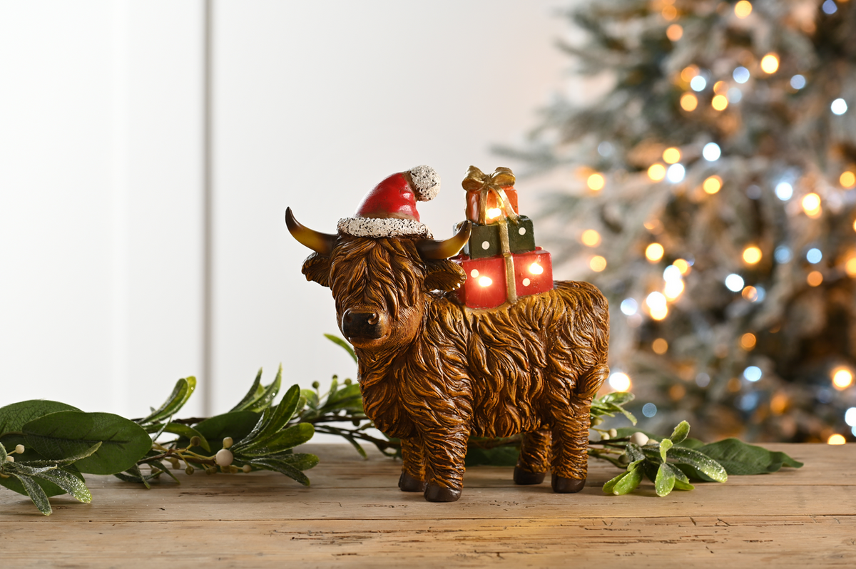 LED Highland Cow With Presents
