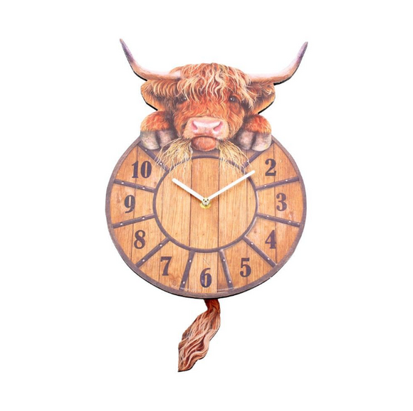 Highland Tickin' Rustic Style Wooden Highland Coo Cow Swinging Pendulum Clock