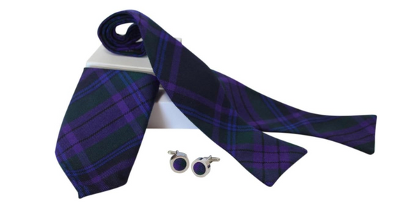 Luxury Spirit Of Scotland Purple Tartan Classic Self Tie Bow Tie, Pocket Square and Silver Cufflink Set