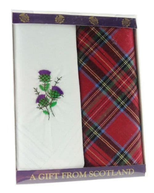 Pack of 2 Ladies Handkerchiefs Hankies - Royal Stewart Tartan & Thistle Embroidery