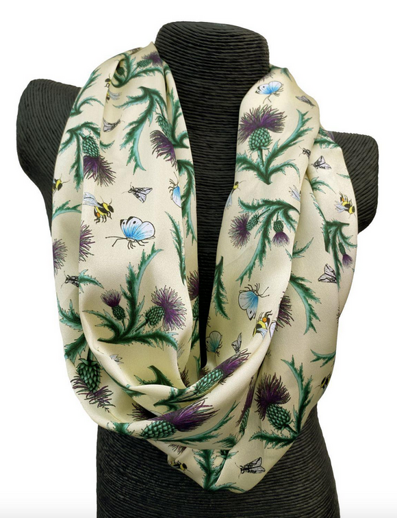 Ladycrow Silks Luxurious Silk Satin Scarf In Champagne Yellow With Thistle Detail