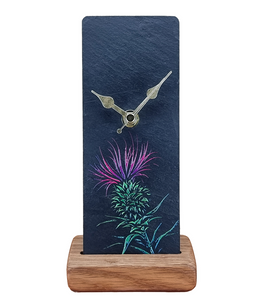 LT Creations Engraved Slate Scottish Thistle Design Mantle Wall Clock With Whisky Barrel Stand