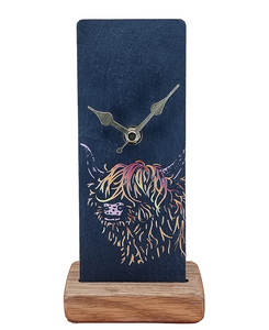 LT Creations Engraved Slate Highland Cow Coo Design Mantle Wall Clock With Whisky Barrel Stand