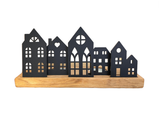 Silhouette Houses Wooden Whisky Barrel Tealight Holder