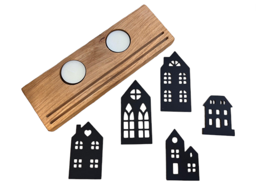 Silhouette Houses Wooden Whisky Barrel Tealight Holder