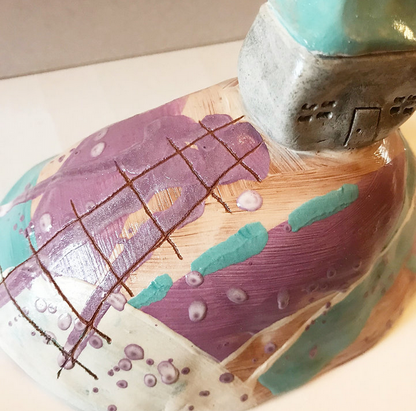 Purple And Blue Small Coastal House on Hill Sculpture