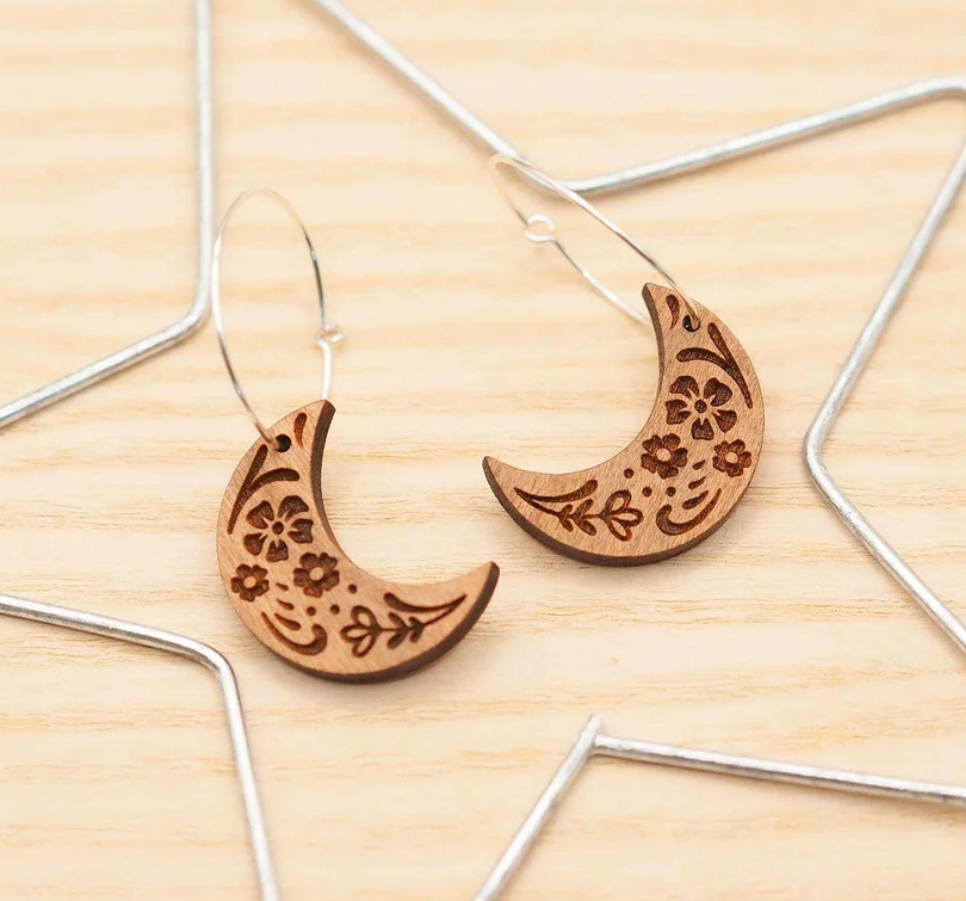 Wooden Moon Engraved Hoop Earrings