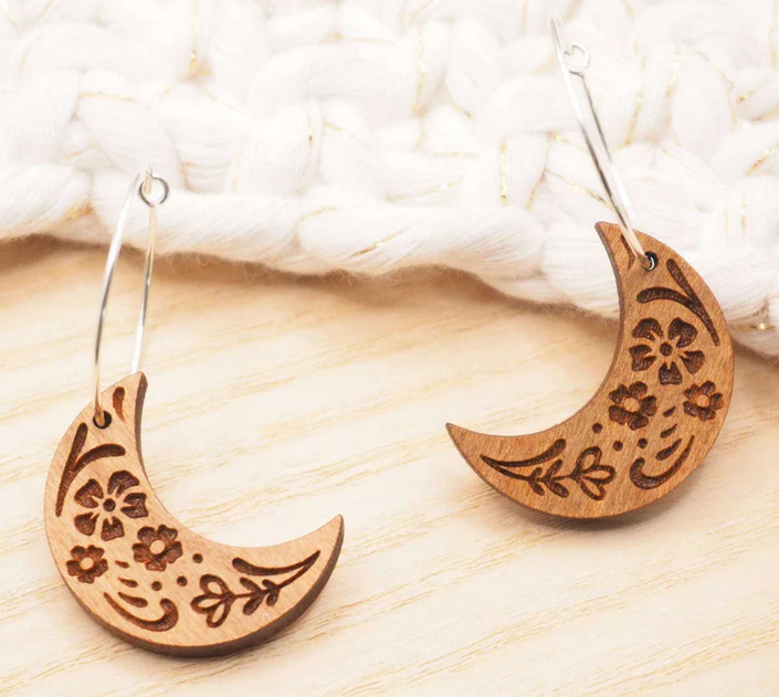 Wooden Moon Engraved Hoop Earrings