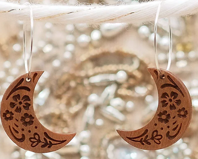 Wooden Moon Engraved Hoop Earrings