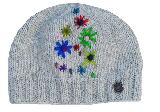 Hand Embroided Flower Beanie - Grey