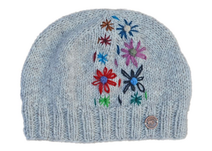 Hand Embroided Flower Beanie - Grey