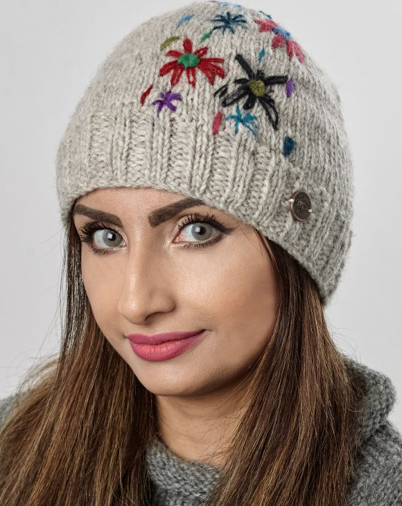 Hand Embroided Flower Beanie - Grey