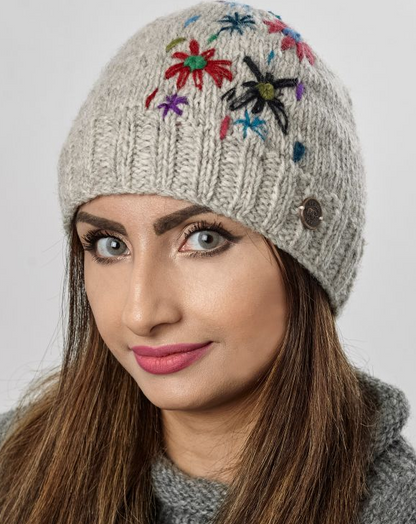 Hand Embroided Flower Beanie - Grey