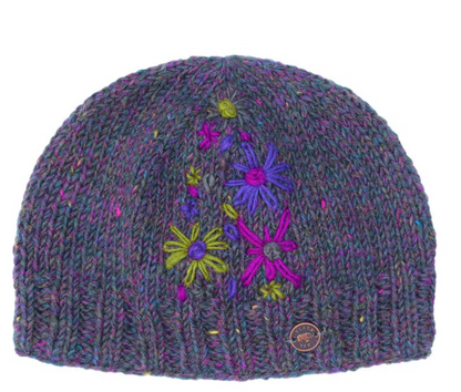 Hand Embroided Flower Beanie - Purple