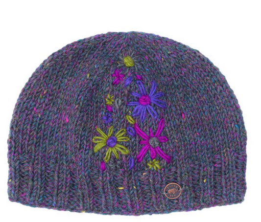 Hand Embroided Flower Beanie - Purple