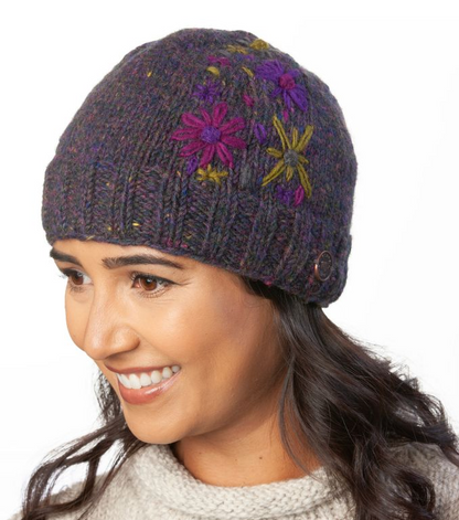 Hand Embroided Flower Beanie - Purple