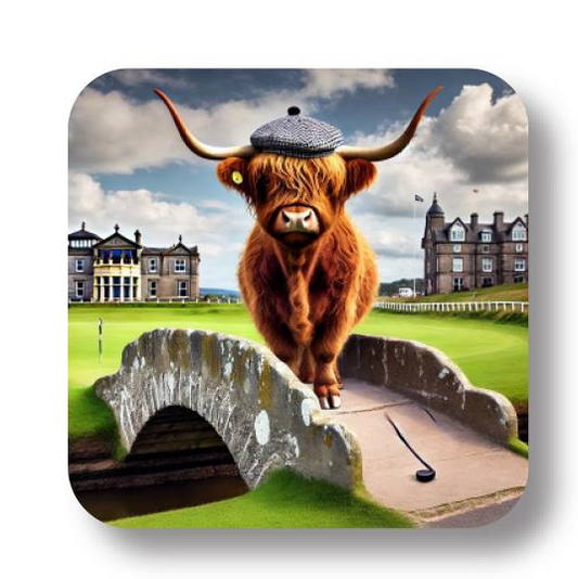 Highland Cow With Swilcan Bridge - Loose Coaster