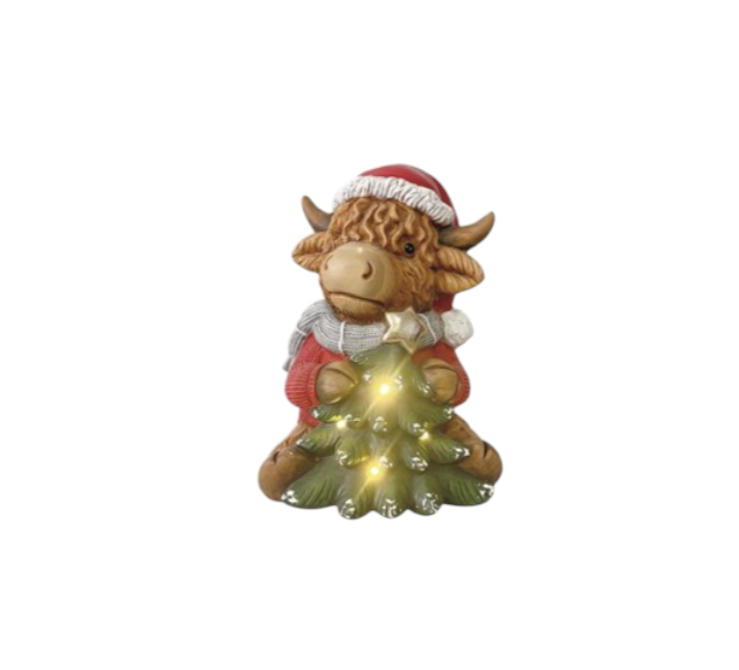 LED Highland Cow With Christmas Tree