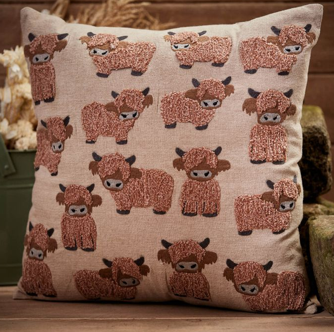 Highland Cow Repeat Emboidererd Cushion