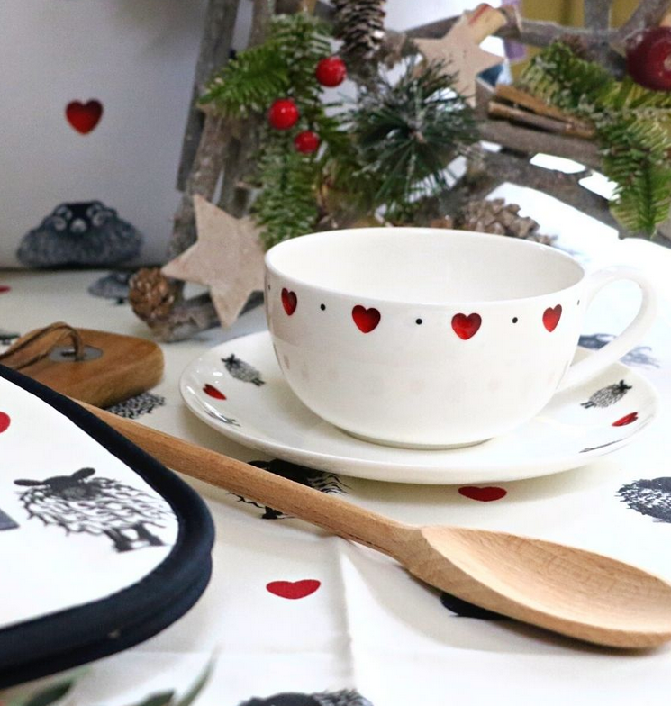 Black & White Heart Cup And Saucer