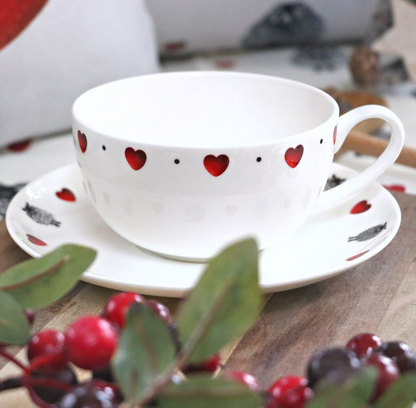 Black & White Heart Cup And Saucer