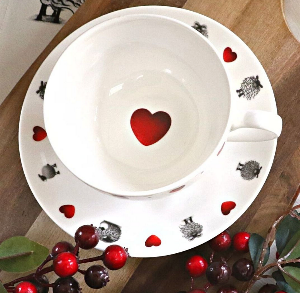 Black & White Heart Cup And Saucer