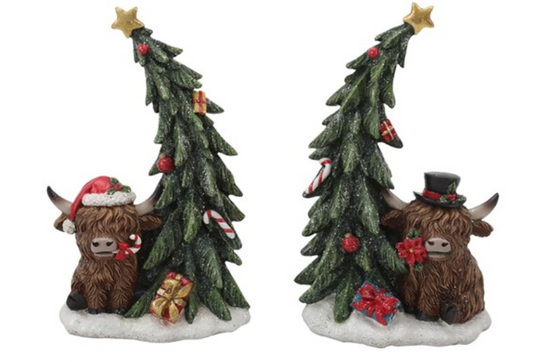 christmas Highland Cow And Tree Pair
