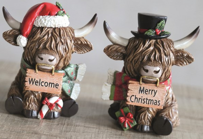 Sitting Highland Cow Christmas Pair