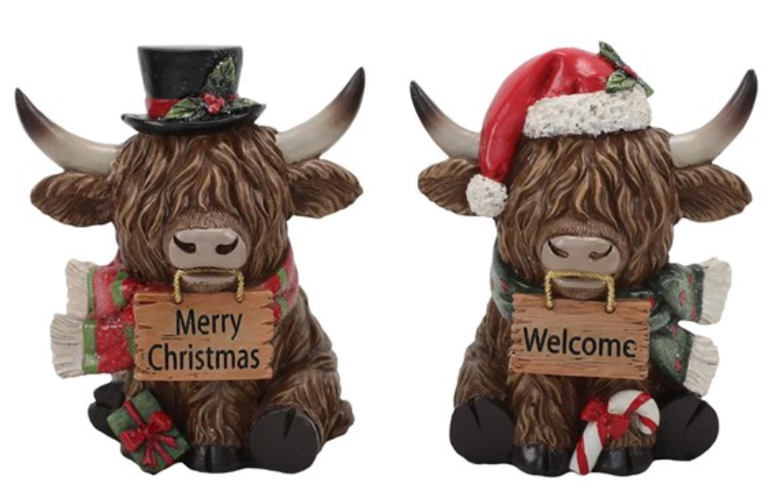 Sitting Highland Cow Christmas Pair