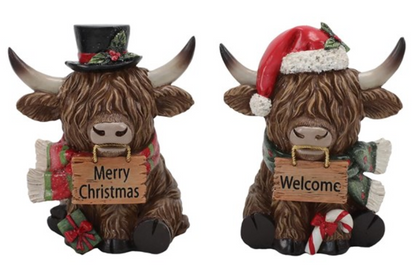 Sitting Highland Cow Christmas Pair