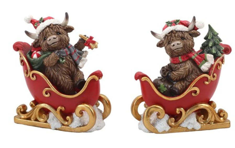 Highland Cown On Sleigh - Pair