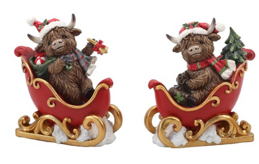 Highland Cown On Sleigh - Pair
