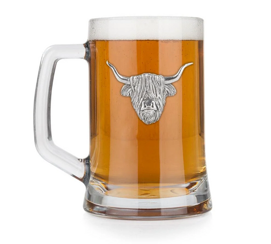 Highland Cow Head Glass Pewter Tankard