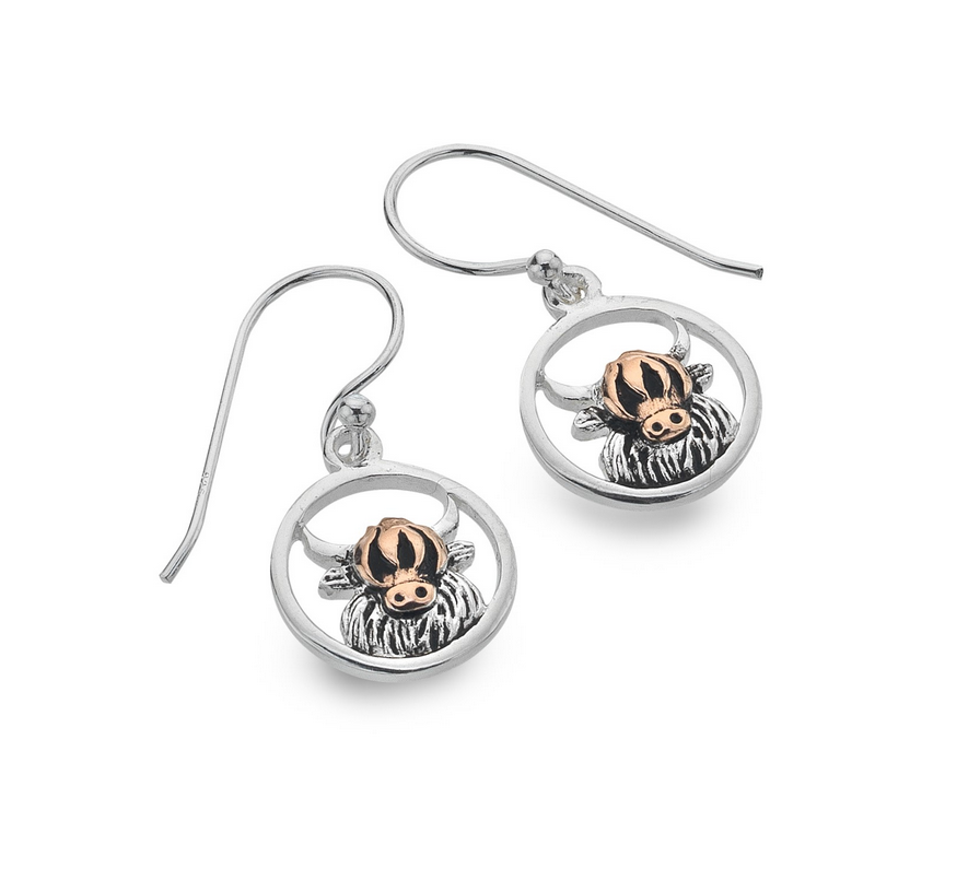 Highland Cow Featuring Rose Gold Dangle Earrings