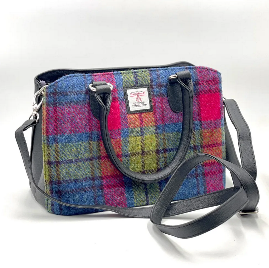 Blue Pink Check Top Handle Bag