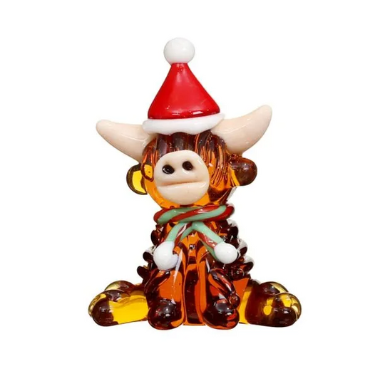 Glass Highland Cow With Santa Hat
