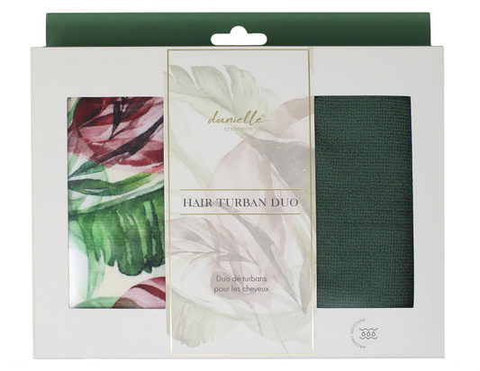 Twin Pack Green And Floral Botanical Hair Turban Towel