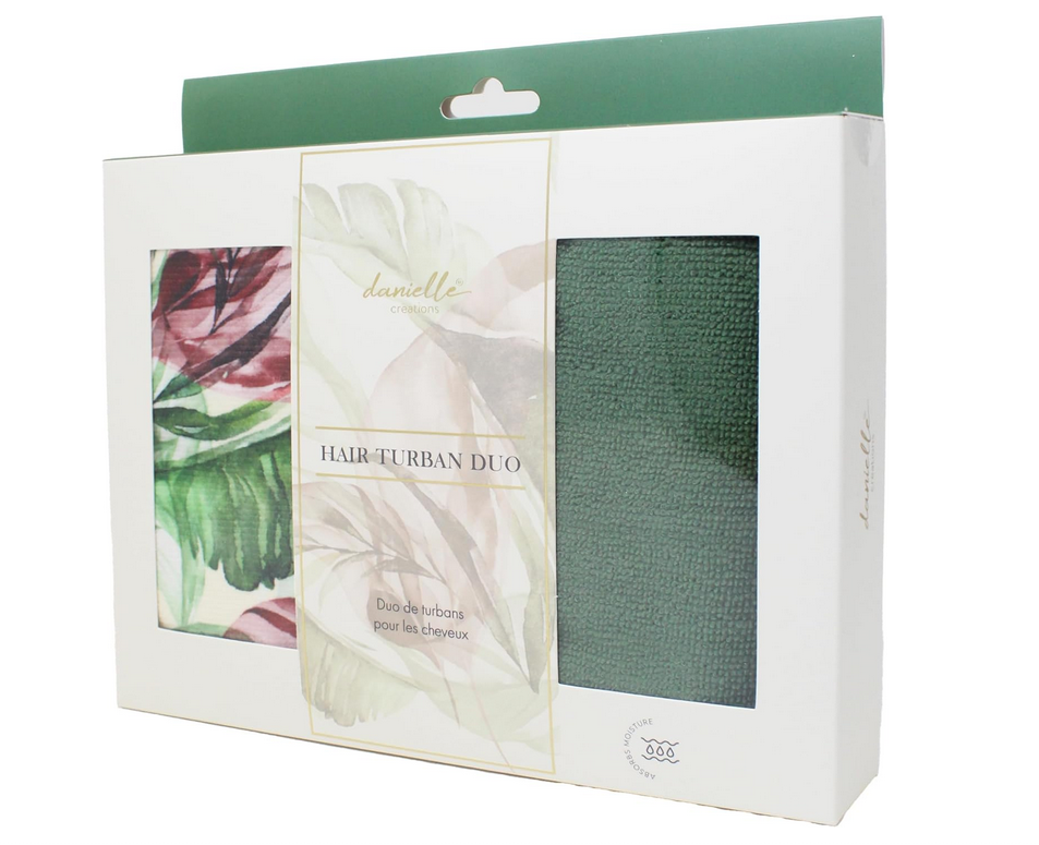 Twin Pack Green And Floral Botanical Hair Turban Towel