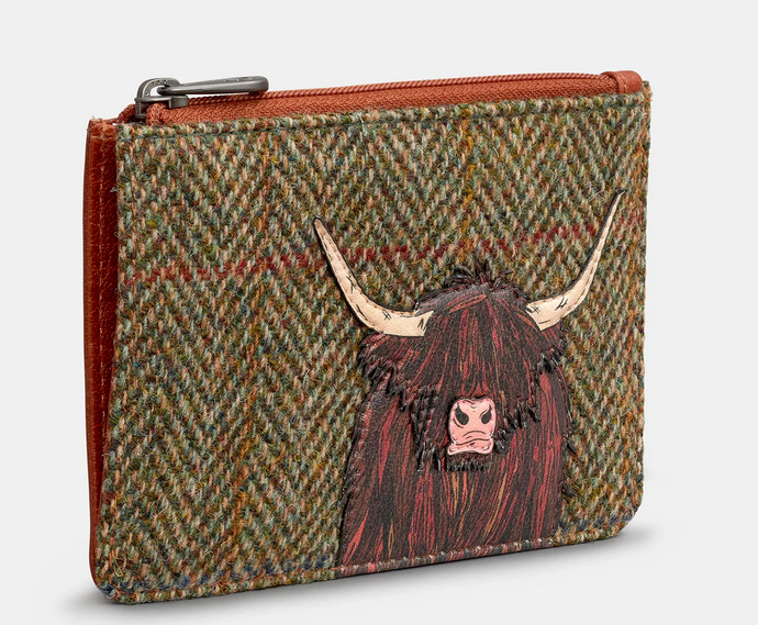 Green Highland Cow Harris Tweed Zip Top Purse