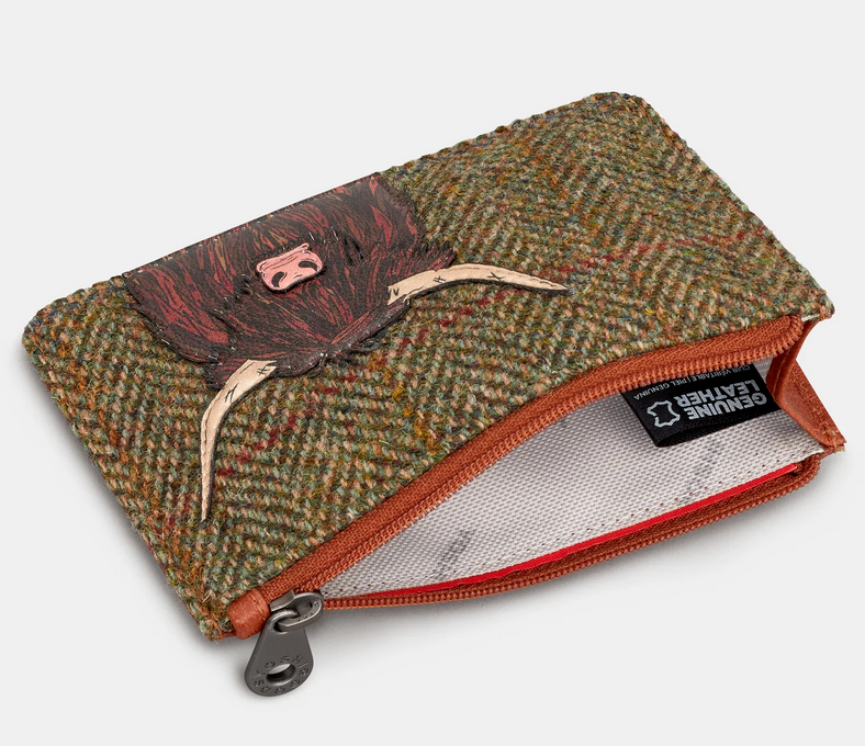 Green Highland Cow Harris Tweed Zip Top Purse