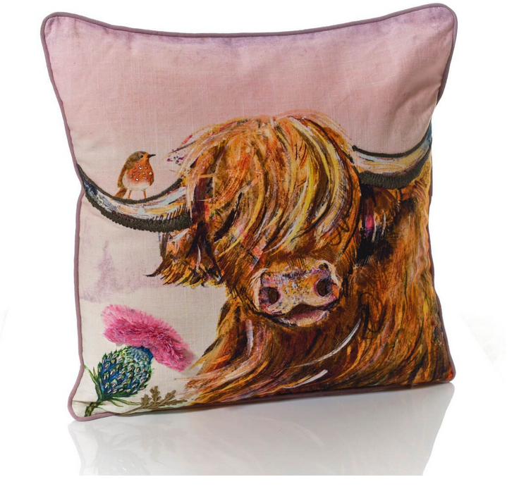 Highland Cow Thistle Robin Cushion