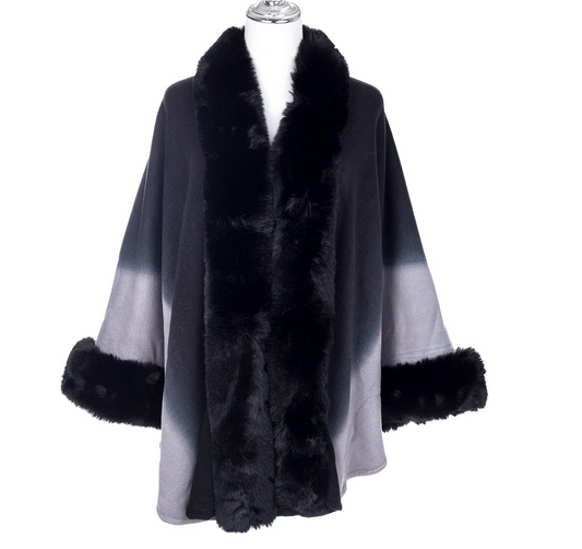 Black And Grey Fade Faux Fur Trimmed Wrap With Fur Trimmed Sleeves