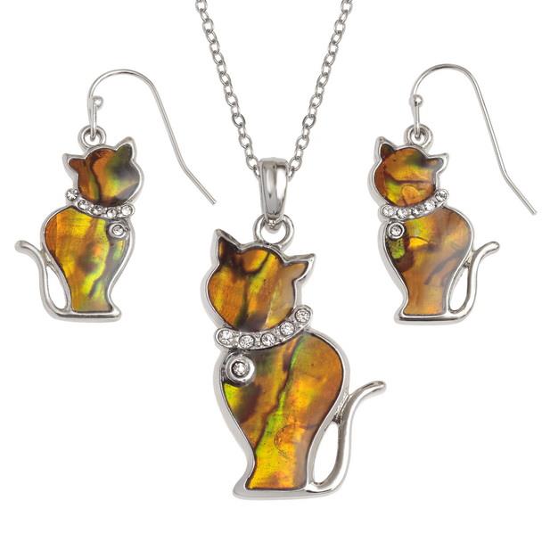 Tide Jewellery Inlaid Paua Shell Ginger Cat Dangle Drop Earrings & Necklace Set