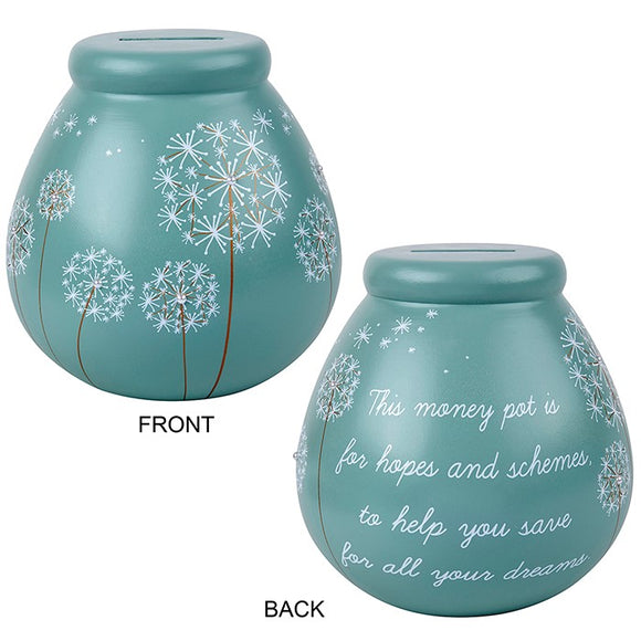 Lovely Teal Blue Dandelion Flower Fund Pot of Dreams Money Savings Pot