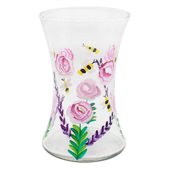 Beautiful Hand Painted Busy Bumble Bee & Pink Flower Glass Vase