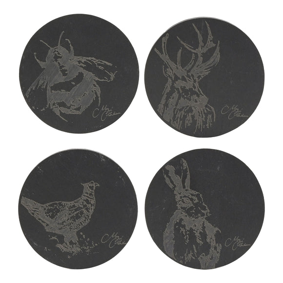 Set of 4 Engraved Slate Animal Design Coasters - Bee Stag Pheasant Hare