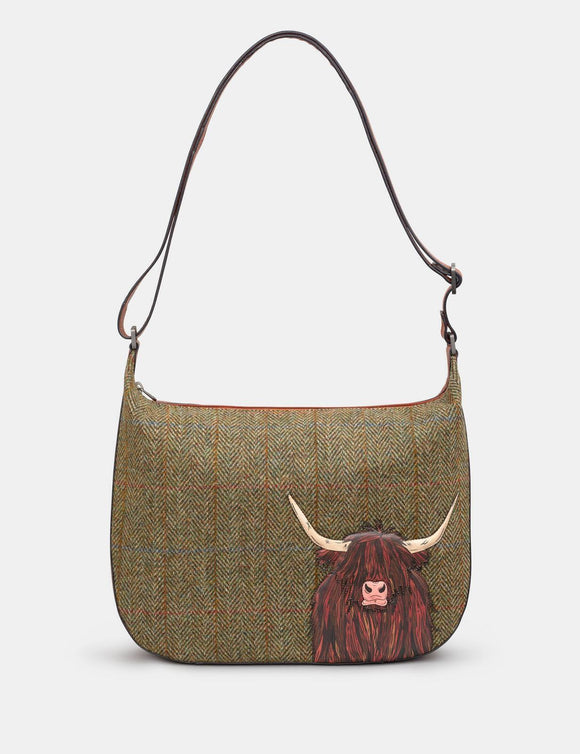 Green Tweed & Brown Leather Hobo Handbag With Highland Cow Applique RFID