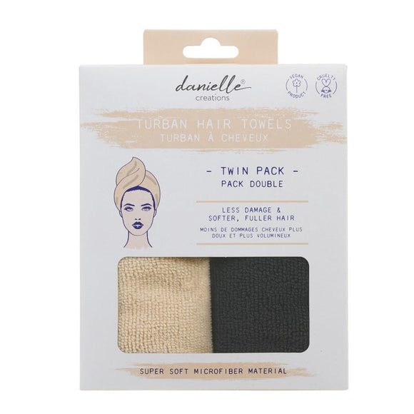 Twin Pack Black & Cream Lightweight Design Microfiber Hair Turban Towel